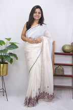 Off White Embroidered Sozni Work Kashmiri Silk Saree - Luxurion World