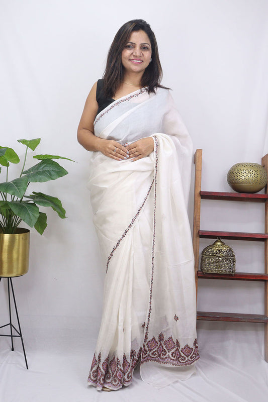 Off White Embroidered Sozni Work Kashmiri Silk Saree - Luxurion World