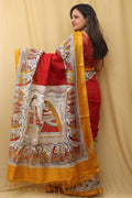 Vibrant Red Madhubani Cotton Silk Saree with Digital Print - Luxurion World