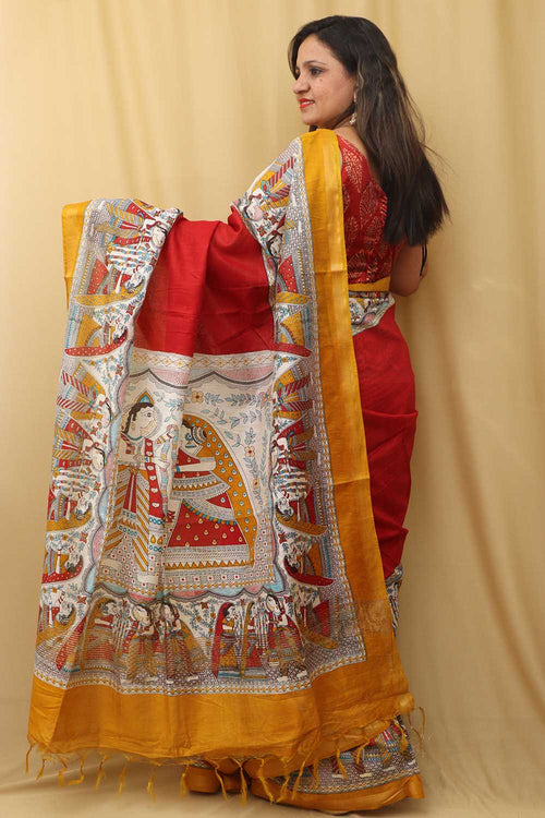 Vibrant Red Madhubani Cotton Silk Saree with Digital Print - Luxurion World