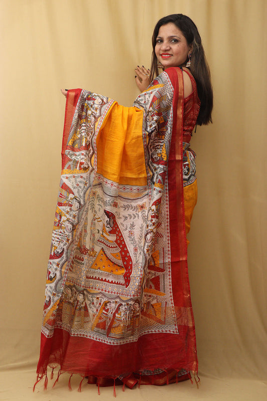 Vibrant Yellow Madhubani Cotton Silk Saree - Digital Print