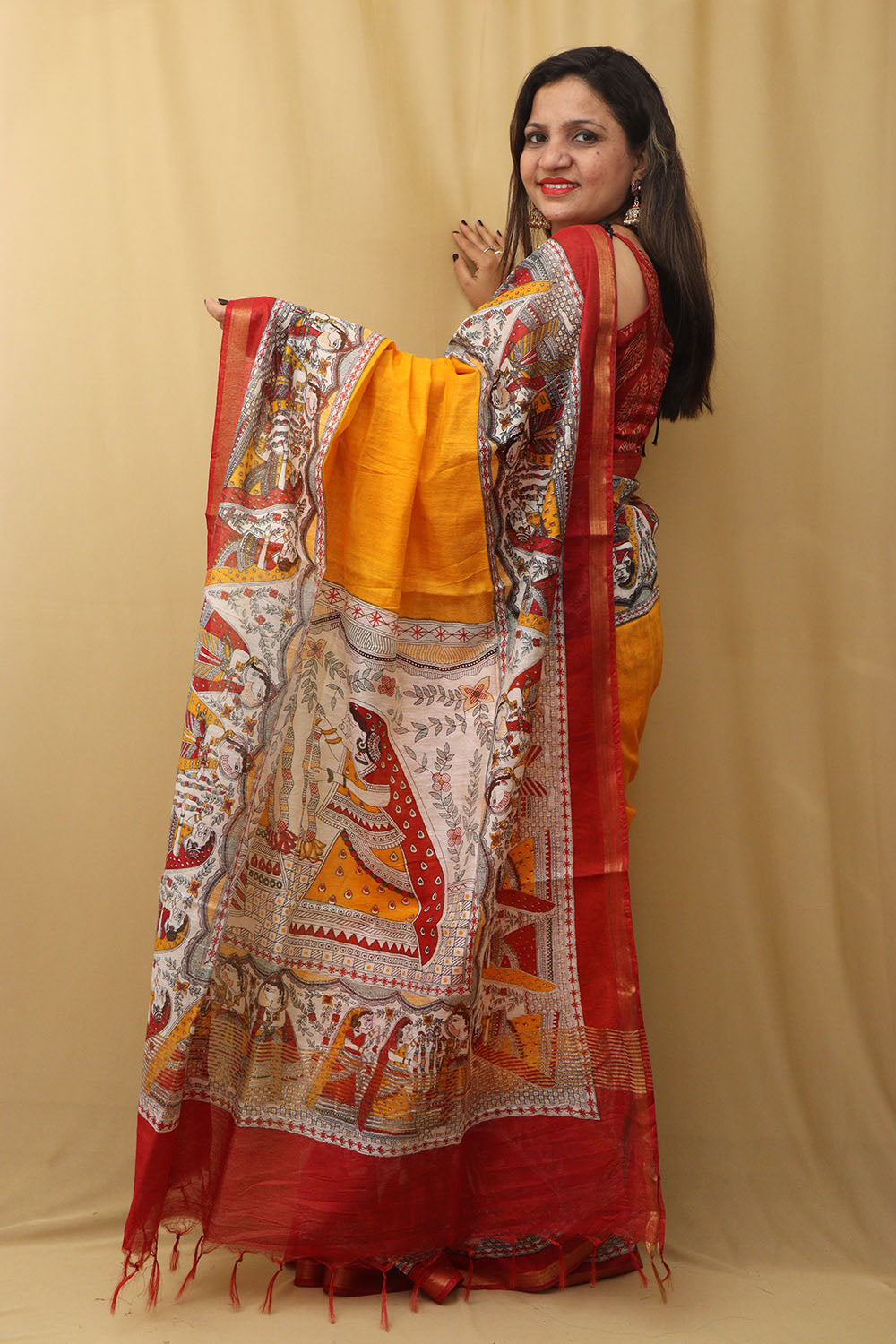Vibrant Yellow Madhubani Cotton Silk Saree - Digital Print - Luxurion World