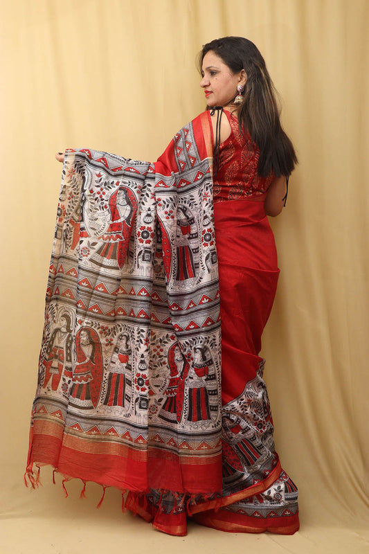 Vibrant Red Madhubani Cotton Silk Saree with Digital Print