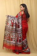 Vibrant Red Madhubani Cotton Silk Saree with Digital Print - Luxurion World