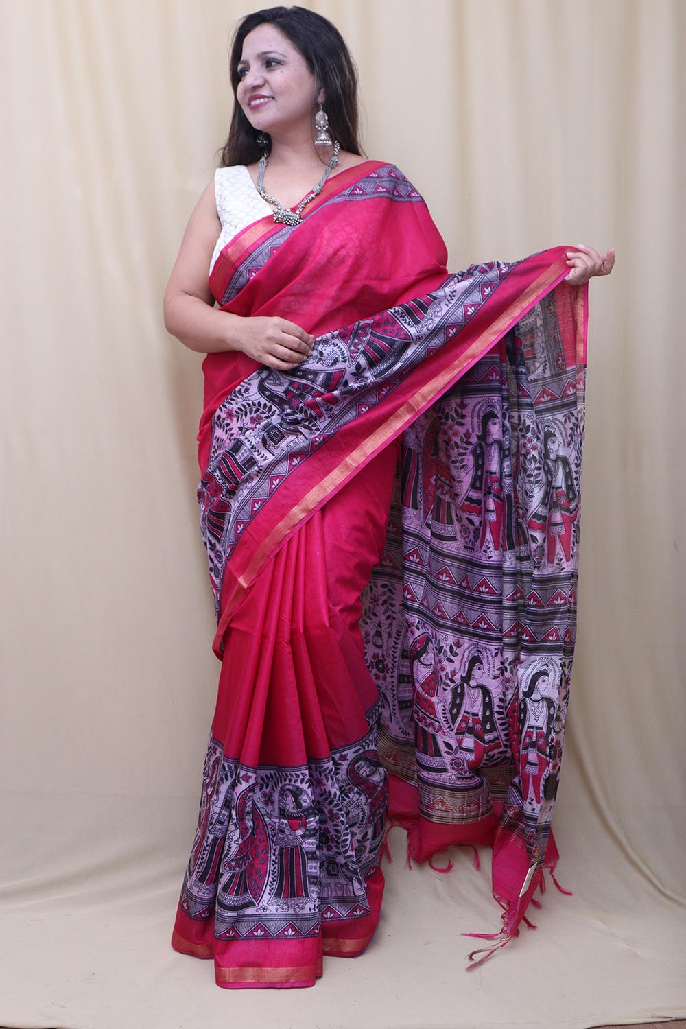 Vibrant Pink Madhubani Cotton Silk Saree - Luxurion World