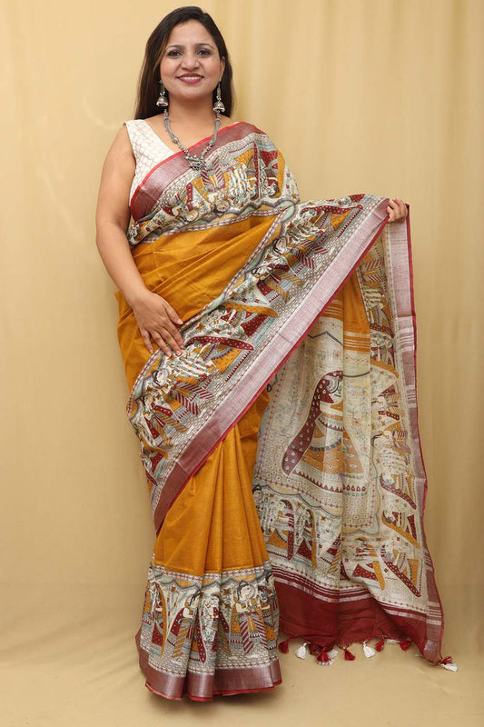 Vibrant Yellow Madhubani Cotton Silk Saree: Digital Print