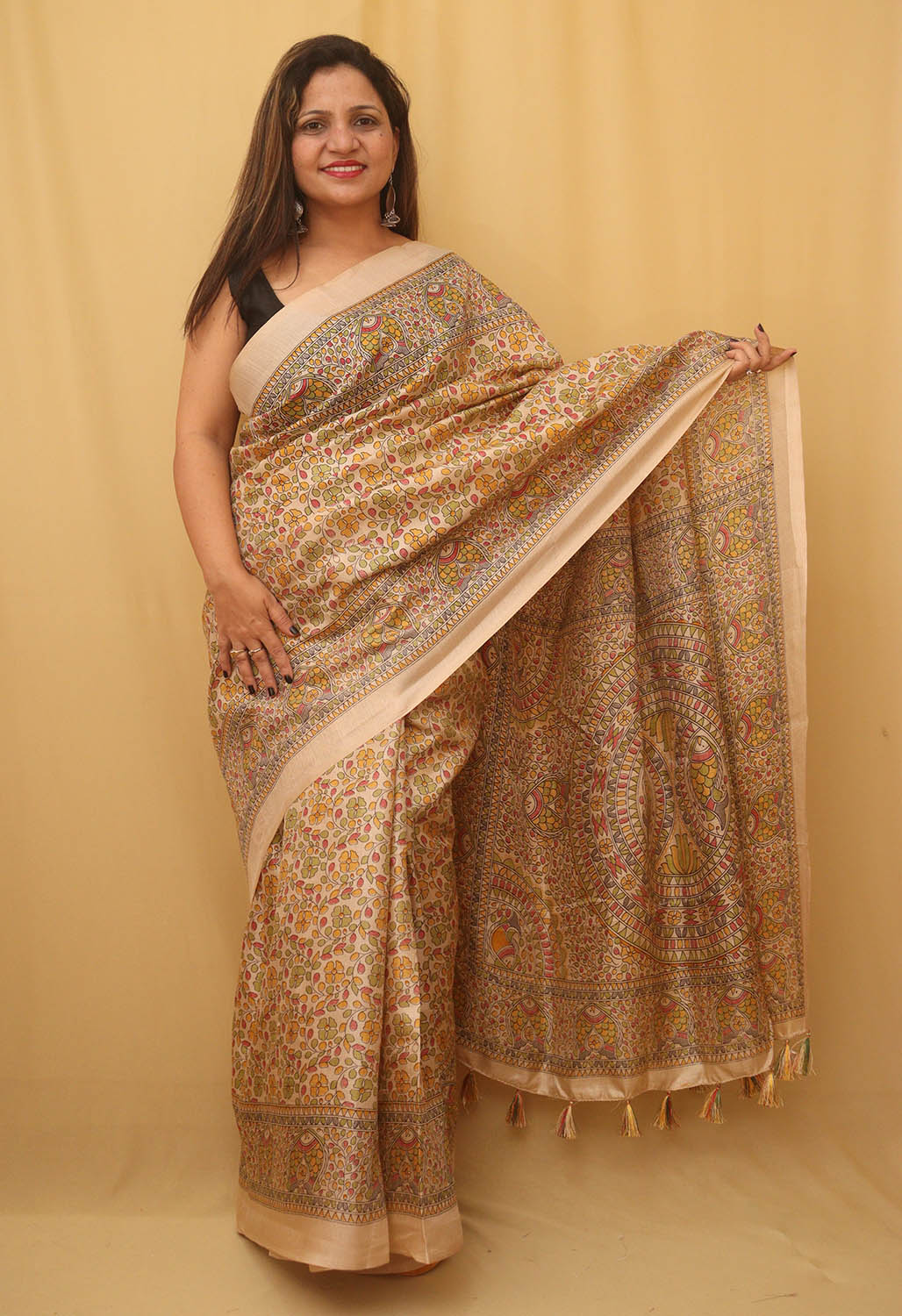 1 Min Ready To Wear - Pastel Madhubani Print Semi Tussar Silk Saree - Luxurion World