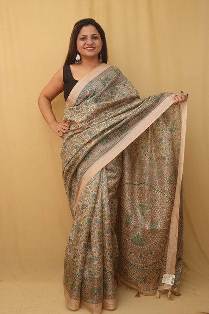 1 Min Ready To Wear - Pastel Madhubani Print Semi Tussar Silk Saree - Luxurion World