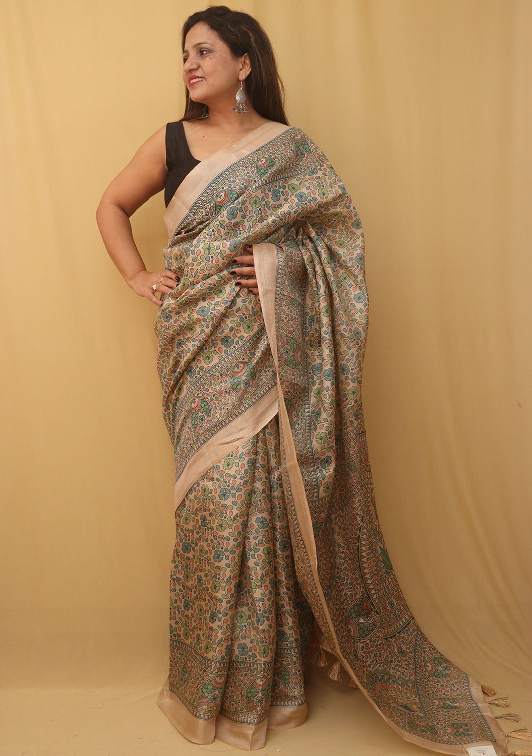 1 Min Ready To Wear - Pastel Madhubani Print Semi Tussar Silk Saree - Luxurion World