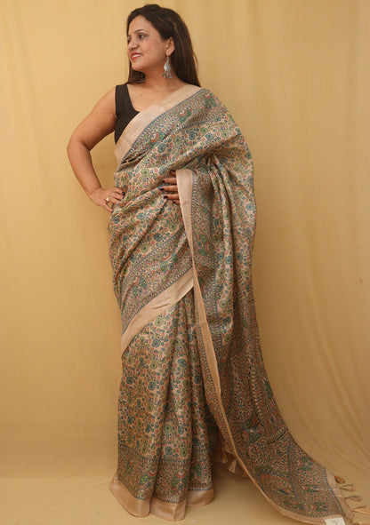1 Min Ready To Wear - Pastel Madhubani Print Semi Tussar Silk Saree - Luxurion World
