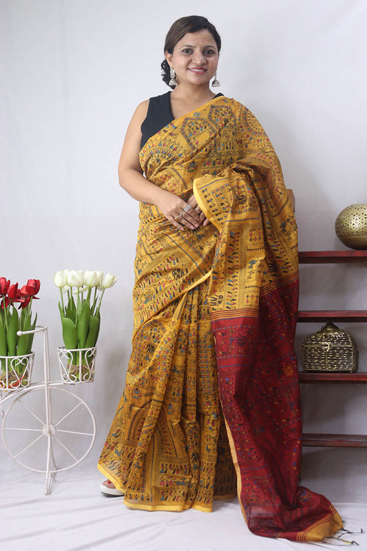 Stunning Yellow Madhubani Print Bengal Cotton Silk Saree - Perfect for Any Occasion!