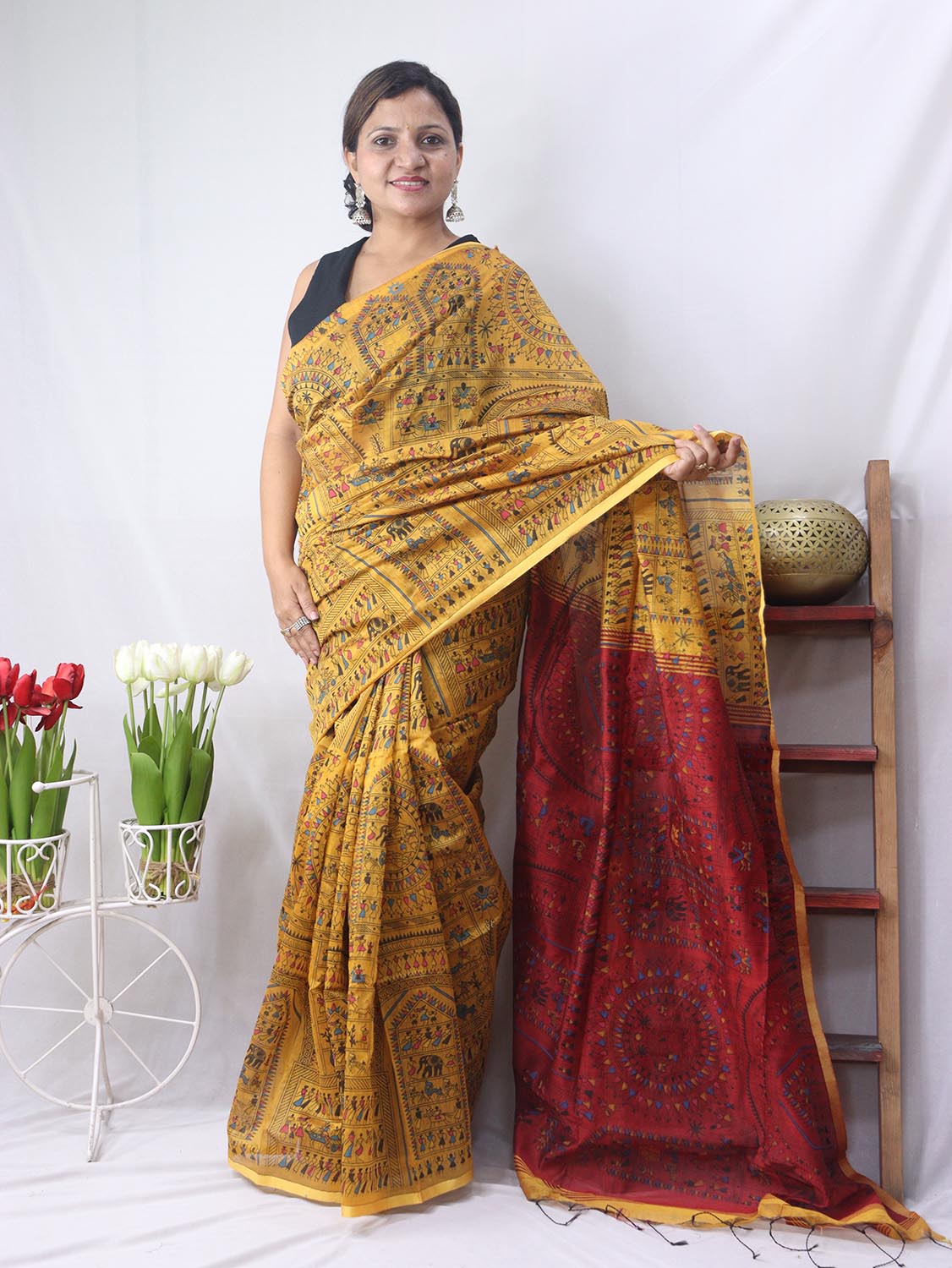 Stunning Yellow Madhubani Print Bengal Cotton Silk Saree - Perfect for Any Occasion! - Luxurion World