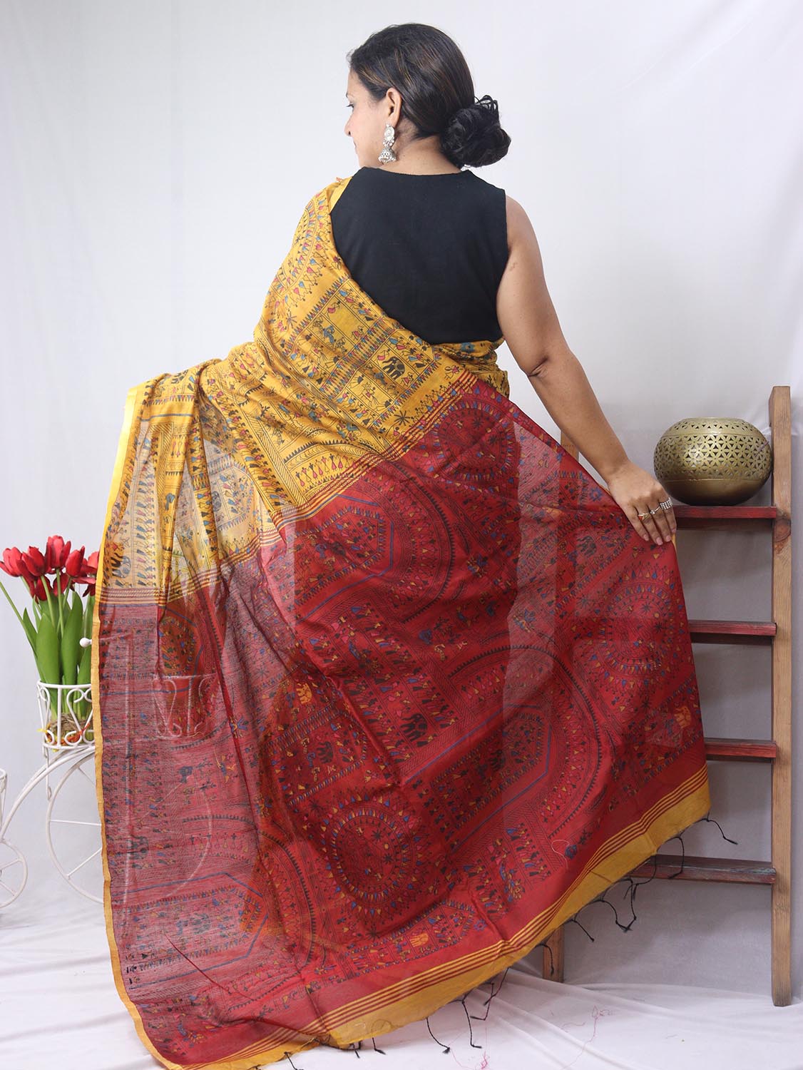 Stunning Yellow Madhubani Print Bengal Cotton Silk Saree - Perfect for Any Occasion! - Luxurion World