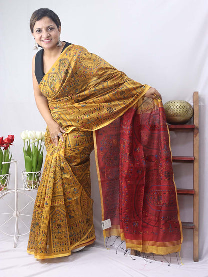 Stunning Yellow Madhubani Print Bengal Cotton Silk Saree - Perfect for Any Occasion! - Luxurion World