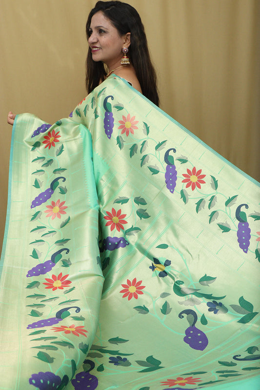Green Paithani Silk Parrot & Flower Saree
