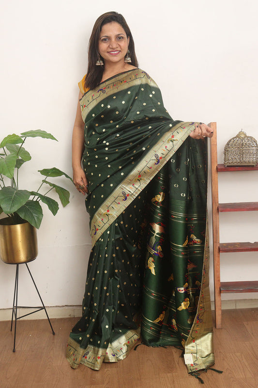 Green Paithani Silk Bird And Flower Design Saree