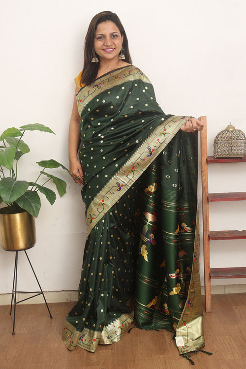 Green Paithani Silk Bird And Flower Design Saree - Luxurion World