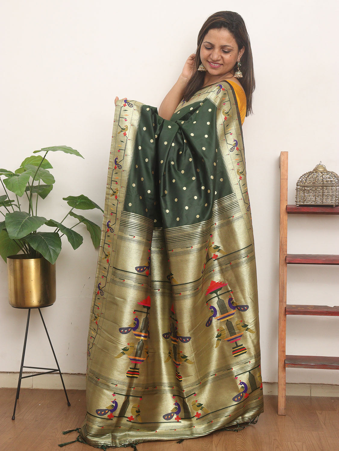 Green Paithani Silk Bird And Flower Design Saree - Luxurion World