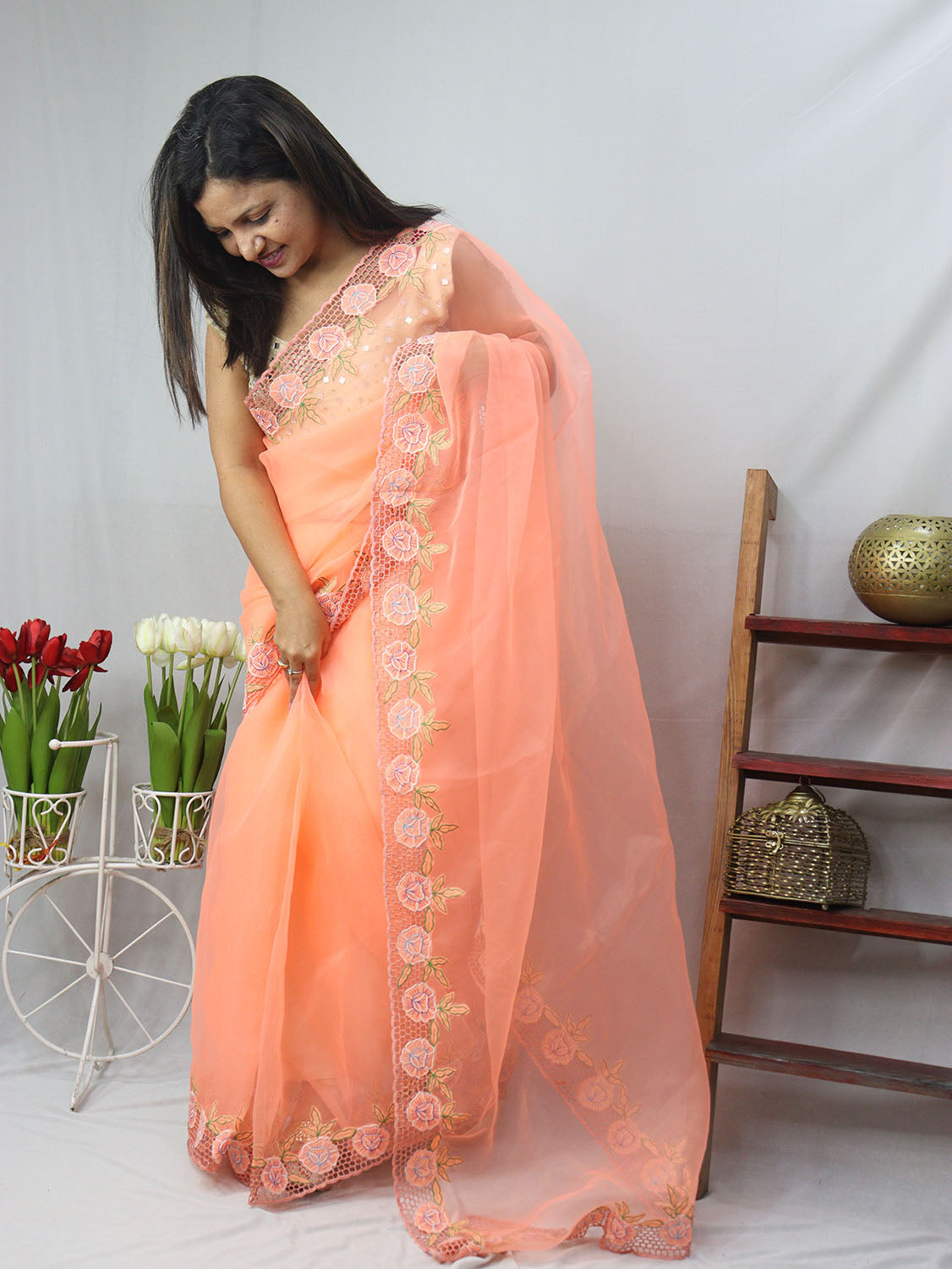 Get the Latest Orange Organza Cut Work Saree Online - Shop Now! - Luxurion World