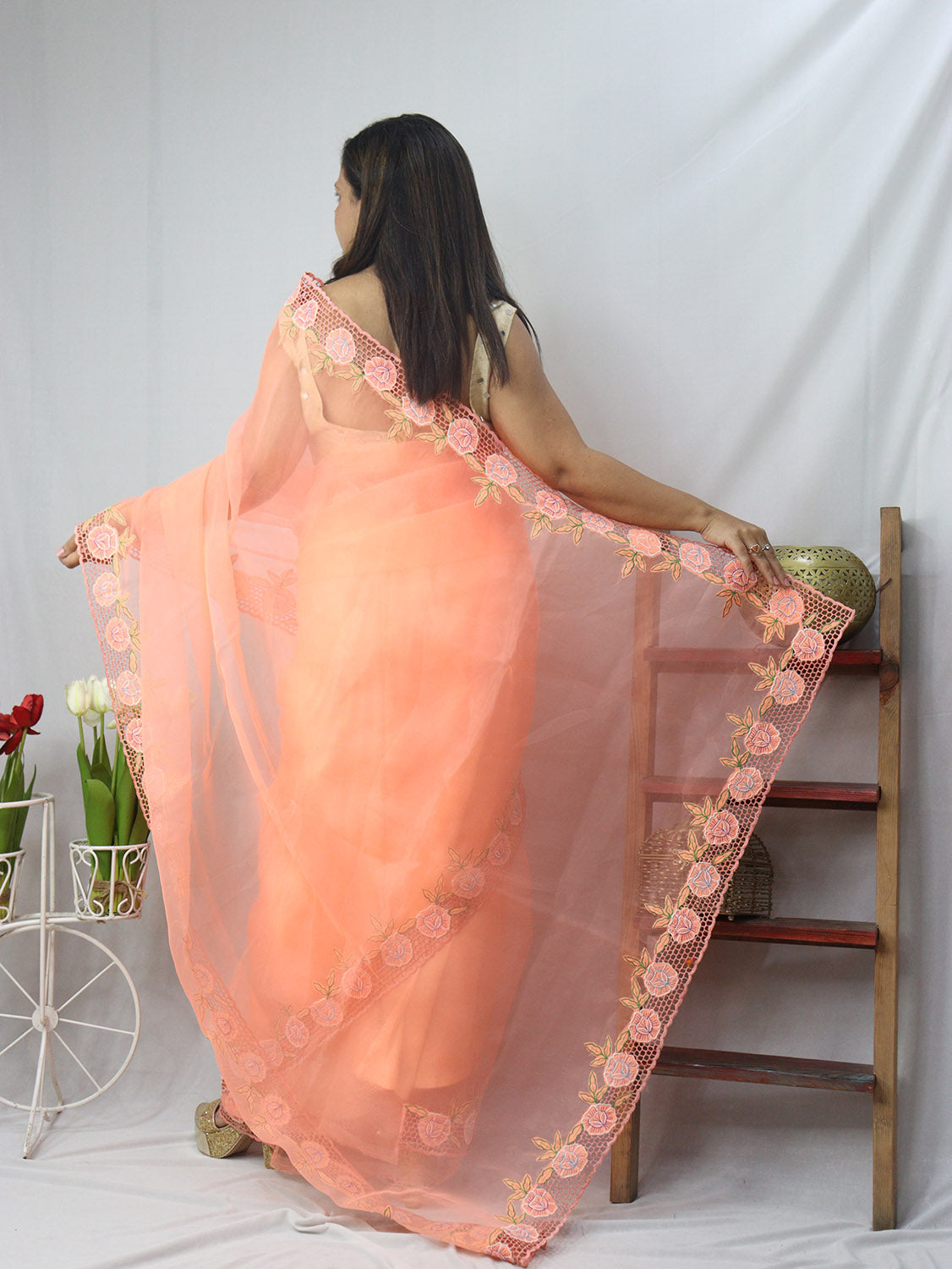 Get the Latest Orange Organza Cut Work Saree Online - Shop Now! - Luxurion World