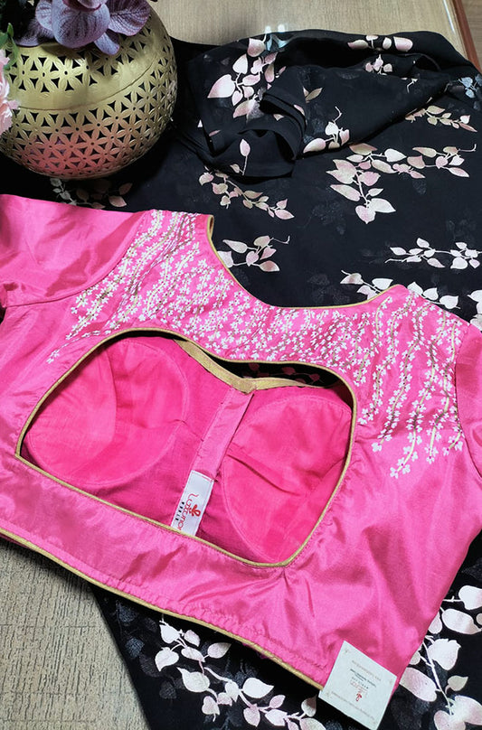 Black Trendy Foil Print Georgette Saree With Hand Painted Pure Silk Stitched Floral Design Blouse - Luxurion World