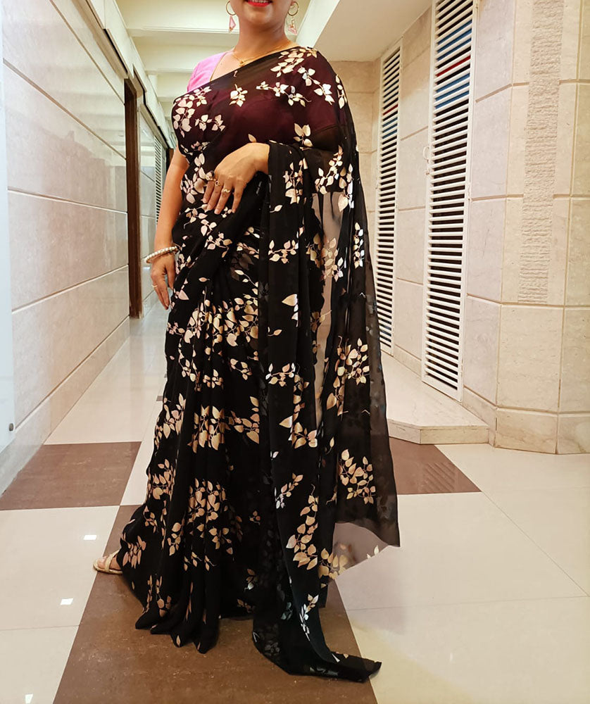 Black Trendy Foil Print Georgette Saree With Hand Painted Pure Silk Stitched Floral Design Blouse - Luxurion World