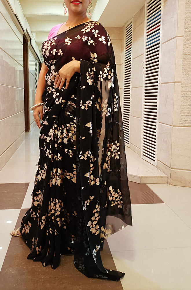 Black Trendy Foil Print Georgette Saree With Hand Painted Pure Silk Stitched Floral Design Blouse - Luxurionworld