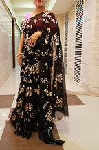 Black Trendy Foil Print Georgette Saree With Hand Painted Pure Silk Stitched Floral Design Blouse - Luxurion World