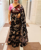 Black Trendy Foil Print Georgette Saree With Hand Painted Pure Silk Stitched Floral Design Blouse - Luxurion World