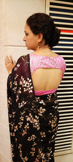 Black Trendy Foil Print Georgette Saree With Hand Painted Pure Silk Stitched Floral Design Blouse - Luxurion World