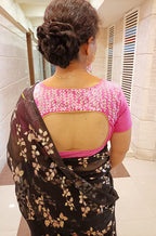 Black Trendy Foil Print Georgette Saree With Hand Painted Pure Silk Stitched Floral Design Blouse - Luxurion World