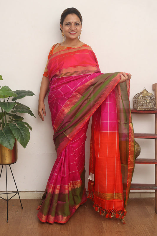 Pink Uppada Silk Checks Design Saree
