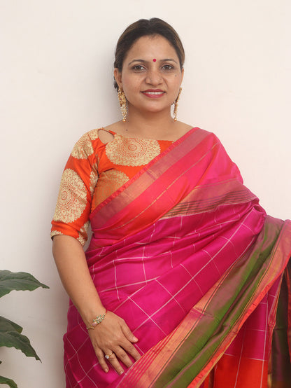 Pink Uppada Silk Checks Design Saree - Luxurion World