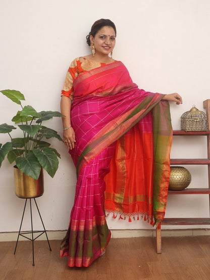 Pink Uppada Silk Checks Design Saree - Luxurion World