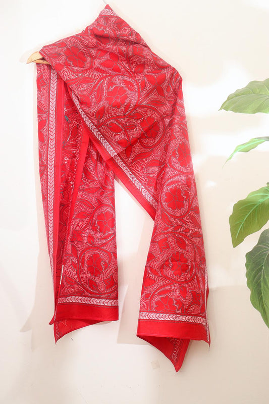 Exquisite Red Hand Embroidered Kantha Bangalore Silk Stole - Luxurion World
