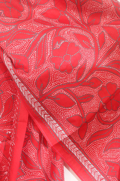 Exquisite Red Hand Embroidered Kantha Bangalore Silk Stole - Luxurion World