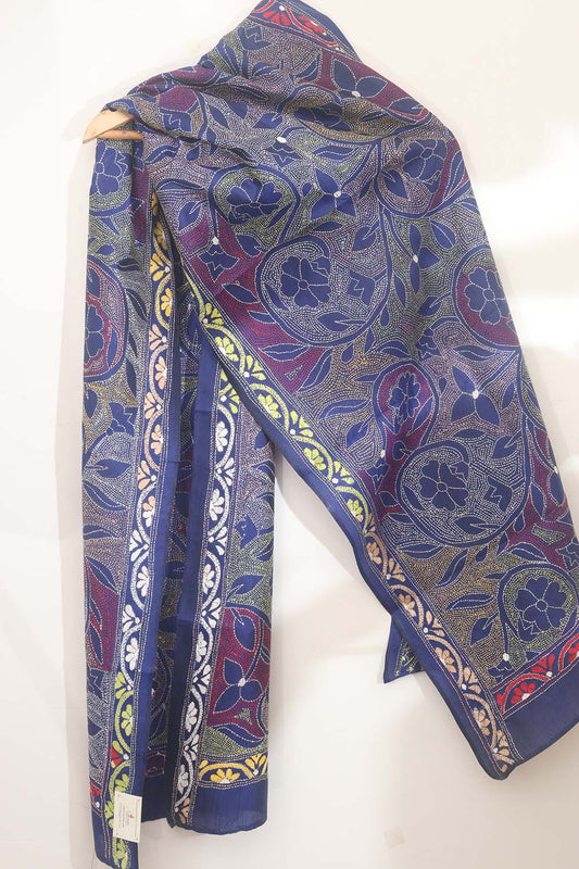 Exquisite Blue Hand Embroidered Kantha Bangalore Silk Stole