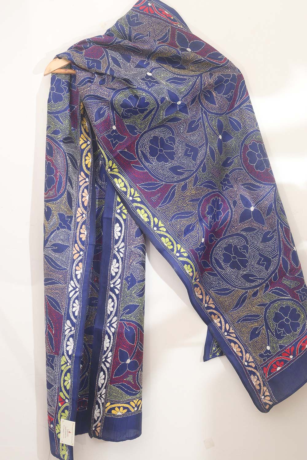Exquisite Blue Hand Embroidered Kantha Bangalore Silk Stole - Luxurion World