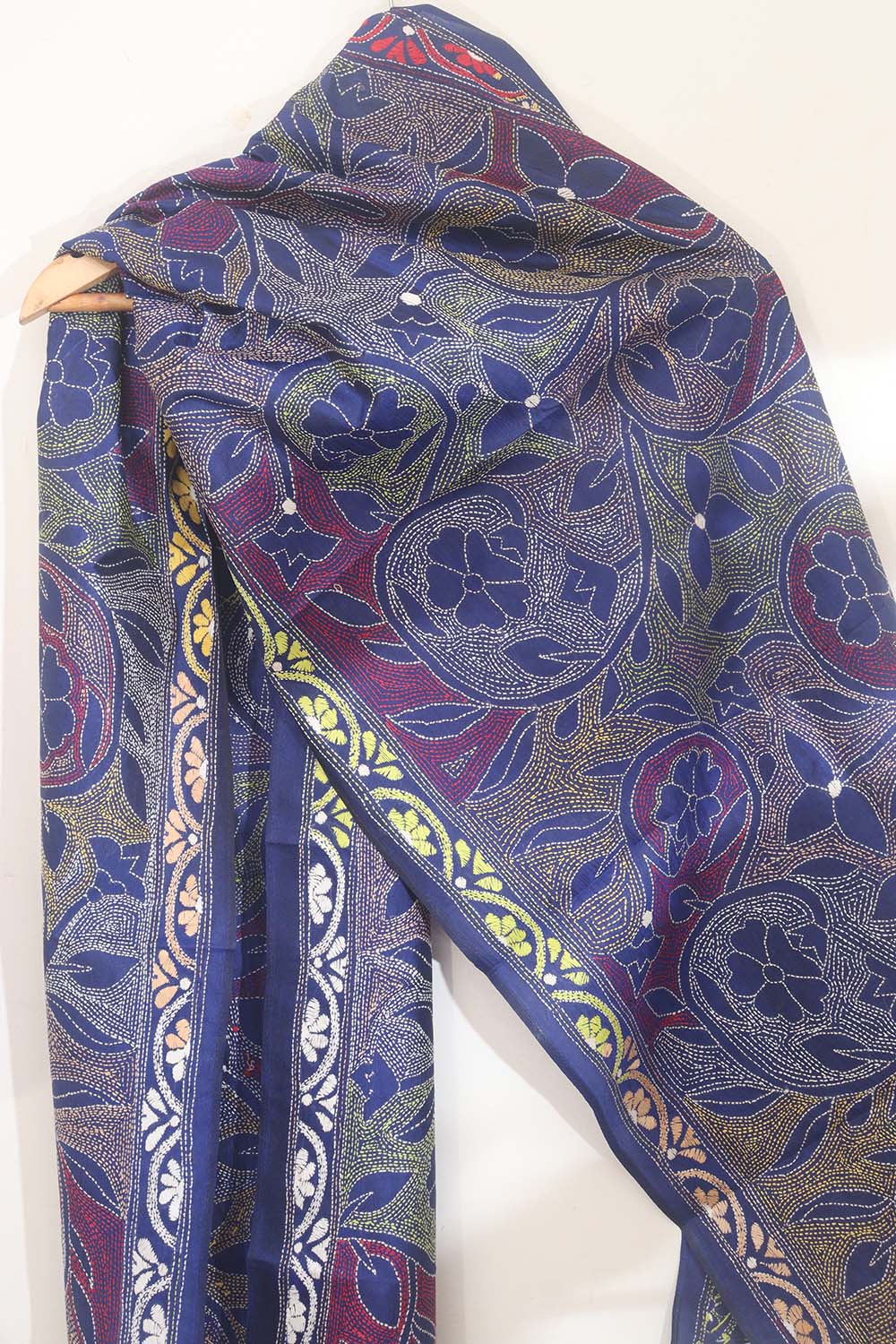 Exquisite Blue Hand Embroidered Kantha Bangalore Silk Stole - Luxurion World