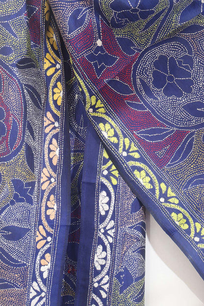 Exquisite Blue Hand Embroidered Kantha Bangalore Silk Stole - Luxurion World