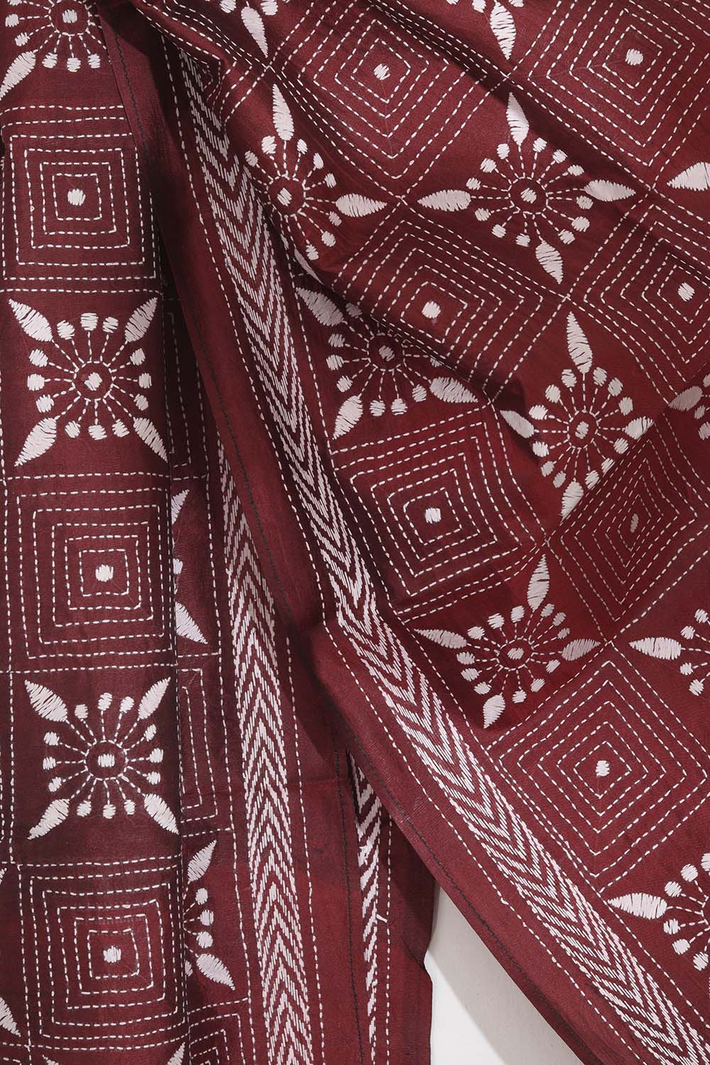Exquisite Maroon Kantha Silk Stole: Hand-Embroidered Elegance - Luxurion World