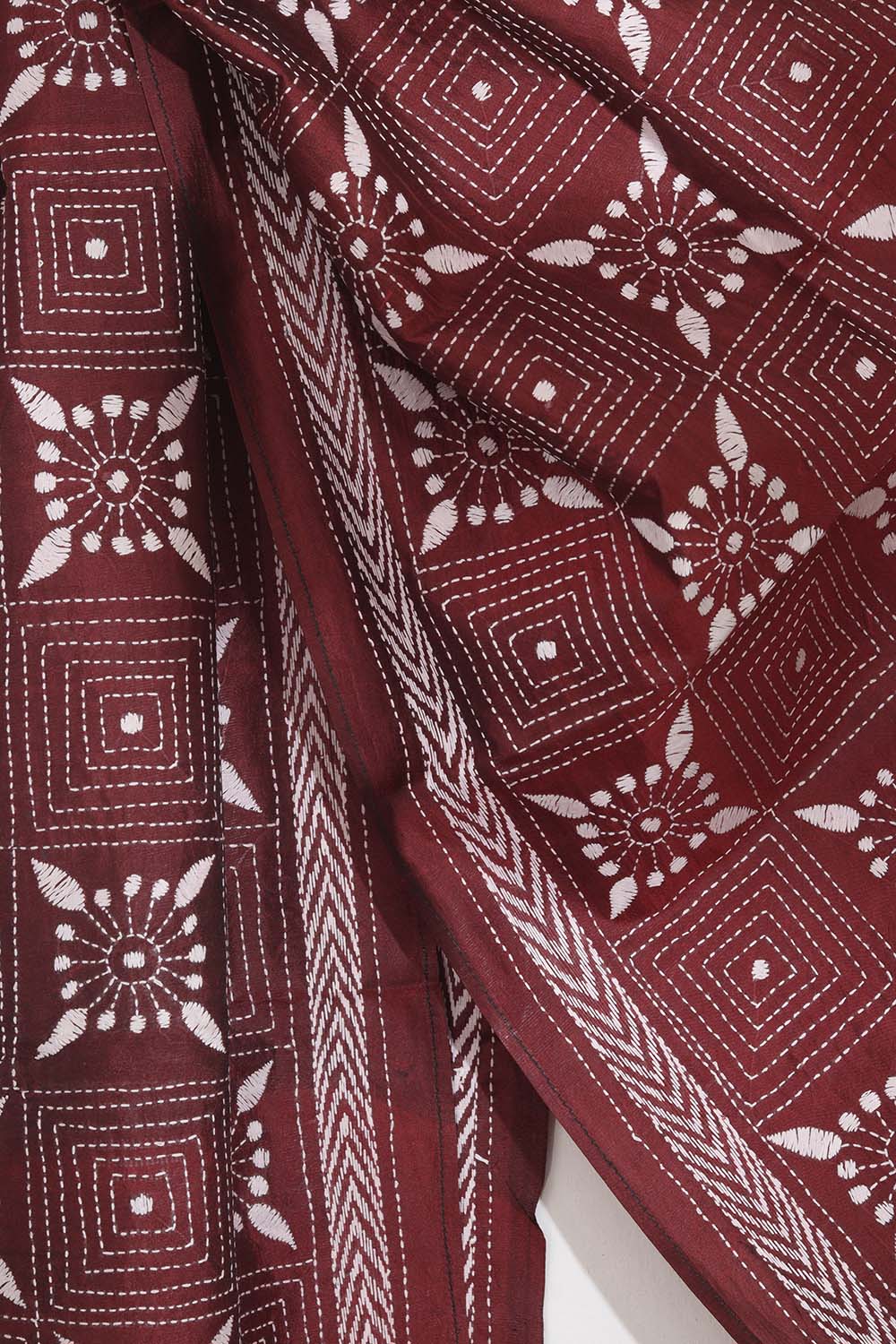 Exquisite Maroon Kantha Silk Stole: Hand-Embroidered Elegance - Luxurion World