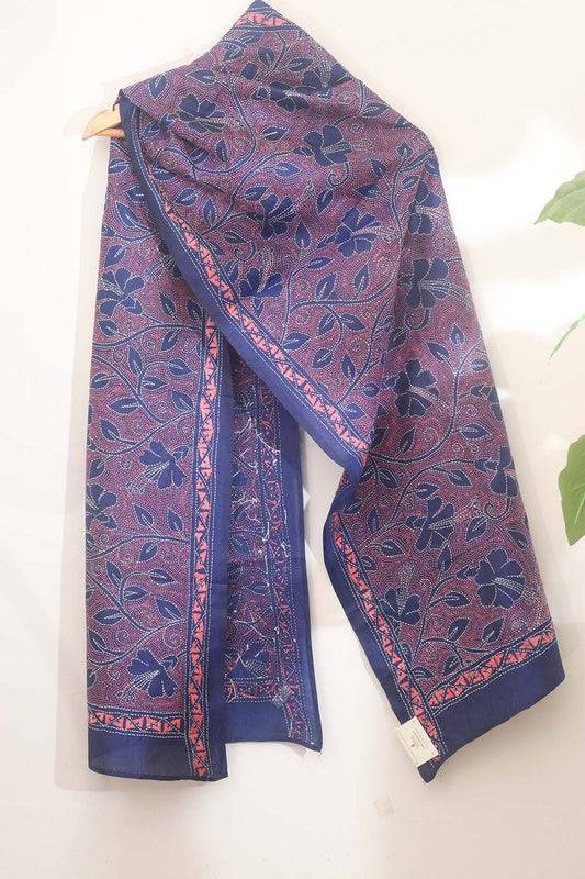 Blue Kantha Silk Stole with Hand Embroidery