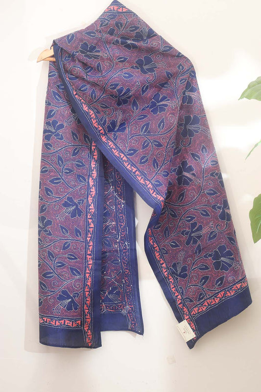 Blue Kantha Silk Stole with Hand Embroidery - Luxurion World