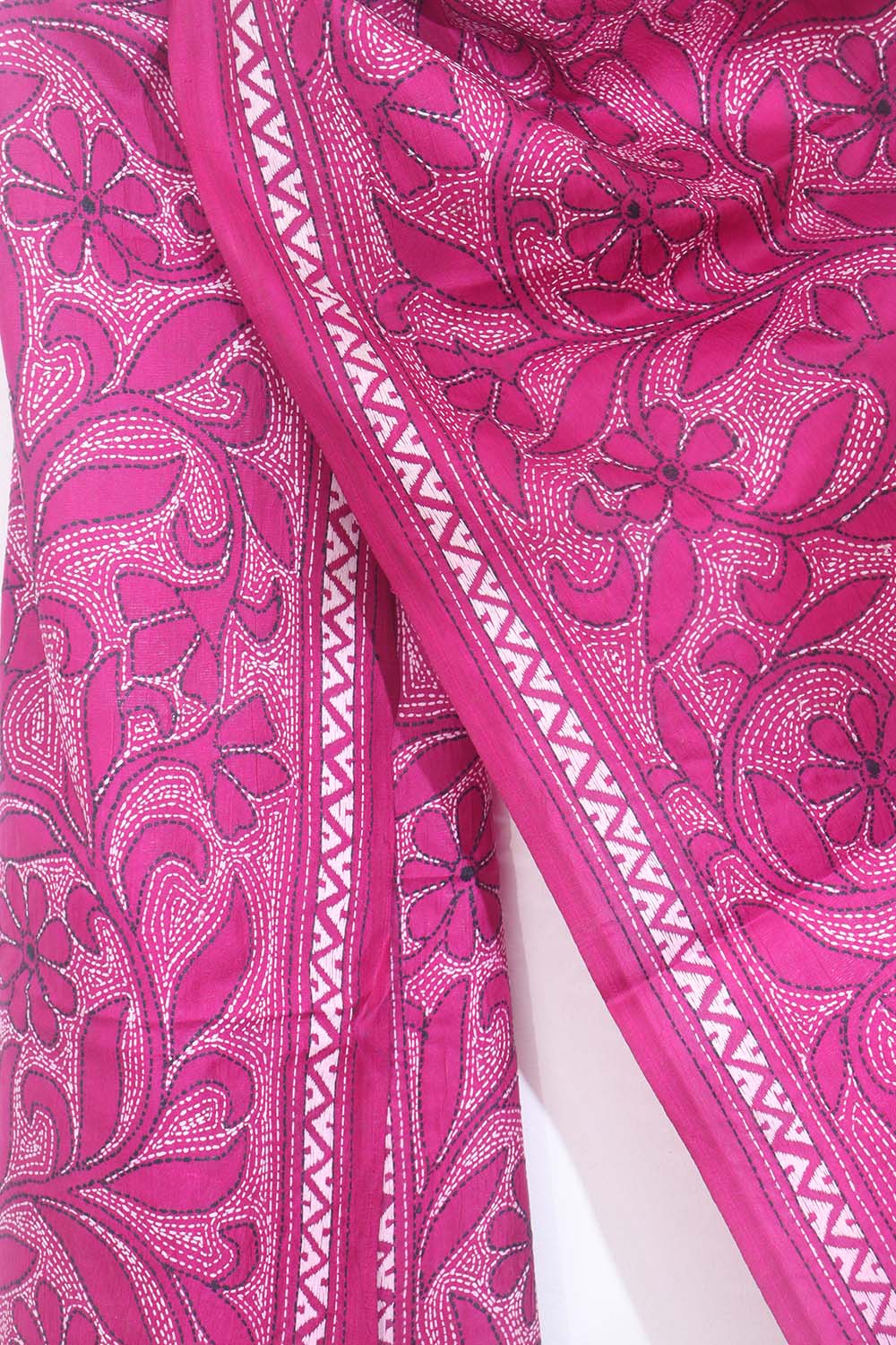 Exquisite Pink Kantha Silk Stole: Hand Embroidered, Pure Bangalore Silk - Luxurion World