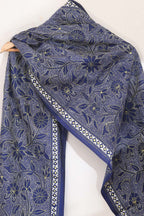 Blue Silk Stole with Hand Embroidered Kantha Design - Luxurion World