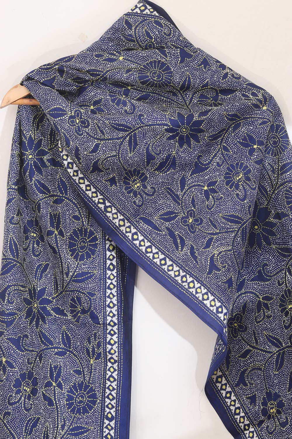 Blue Silk Stole with Hand Embroidered Kantha Design - Luxurion World