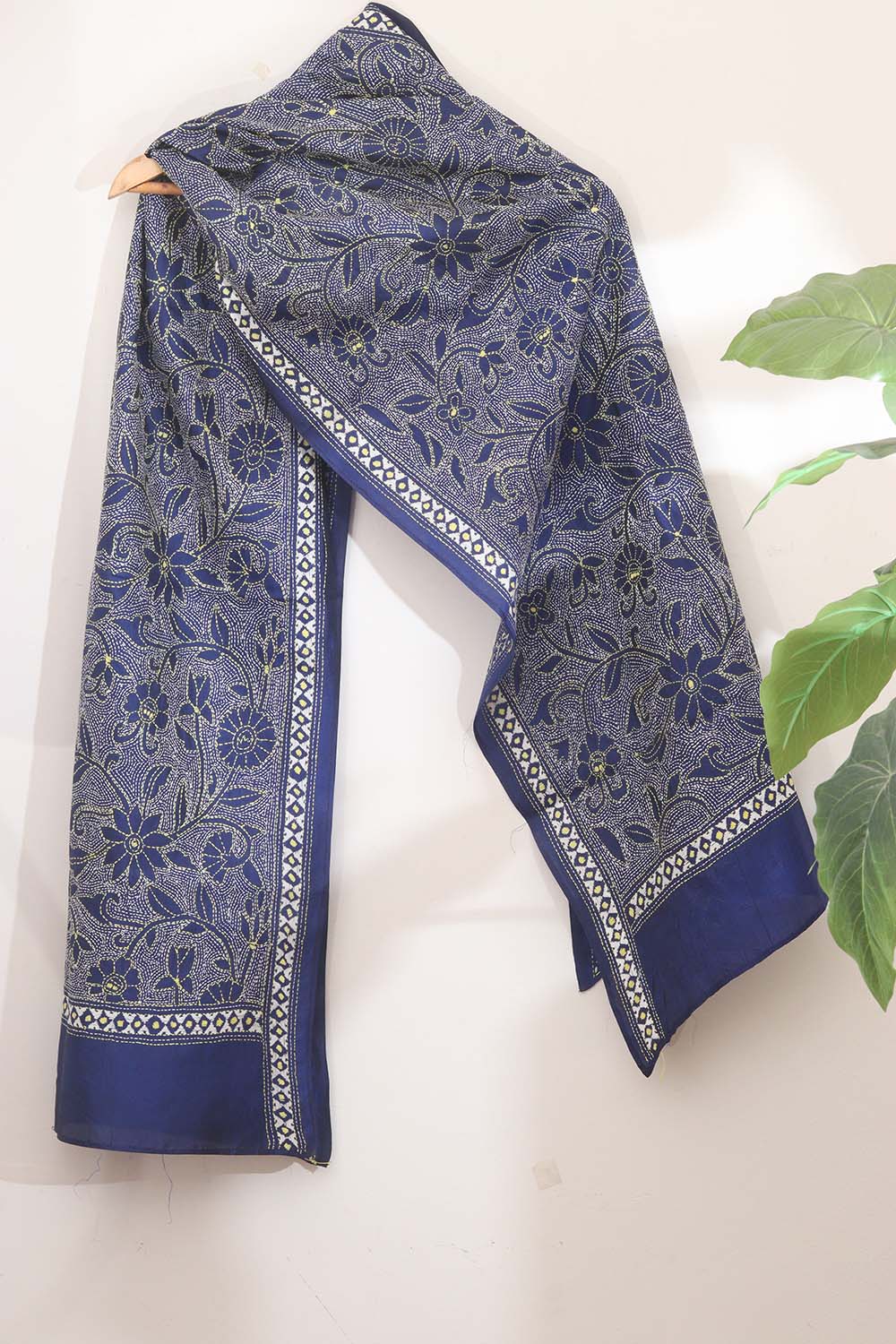 Blue Silk Stole with Hand Embroidered Kantha Design - Luxurion World