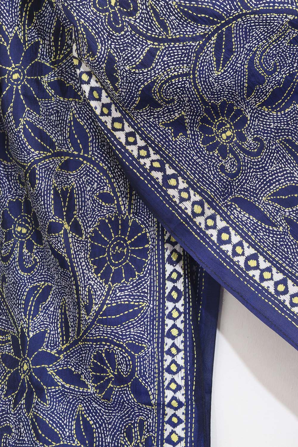 Blue Silk Stole with Hand Embroidered Kantha Design - Luxurion World