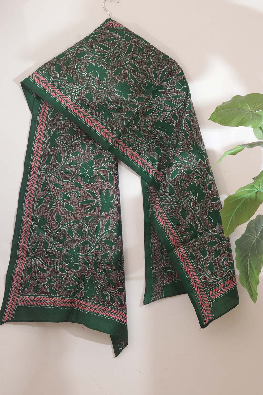 Exquisite Green Hand Embroidered Kantha Pure Bangalore Silk Stole - Luxurion World